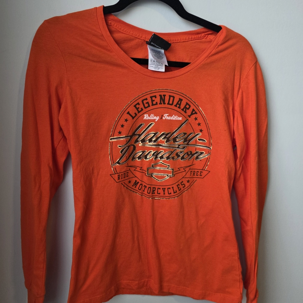 Harley-Davidson Orange Long Sleeve Graphic Shirt Size Medium Banff Canada - Picture 2 of 11